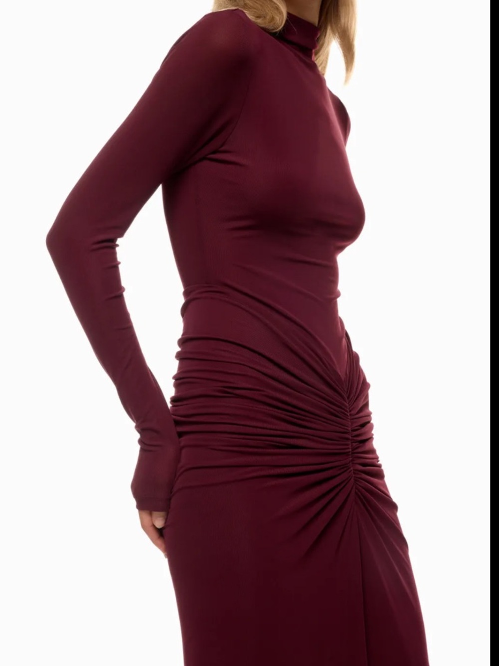 Ronny Kobo Collection Long Sleeve Burgundy Ruched Midi Dress- Hemmed at bottom